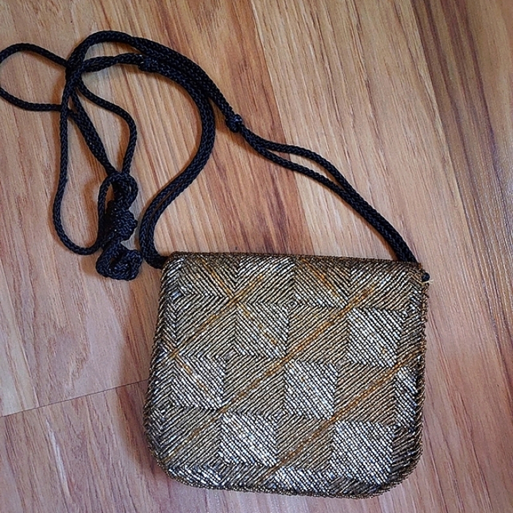 DeLill Beaded Evening Bag Purse Black Gold Crossbody Prom Wedding Cocktail Party